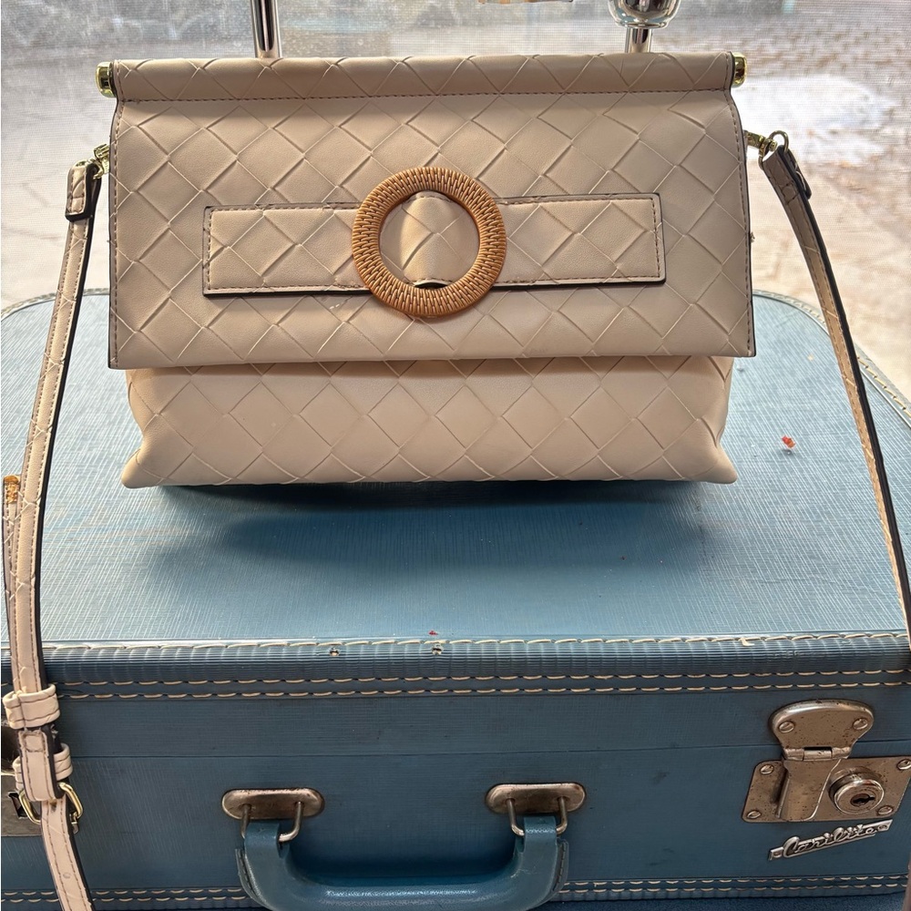 Woven Beige Crossbody Bag with Rattan Ring Accent baprill clutch shoulder purse